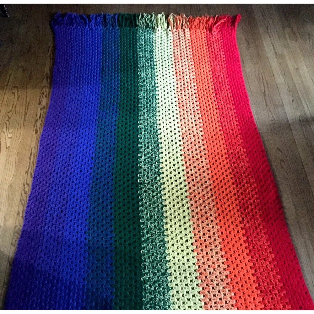 Handmade Crochet Rainbow Afghan Blanket Throw Fringe Edge 54W x 84L